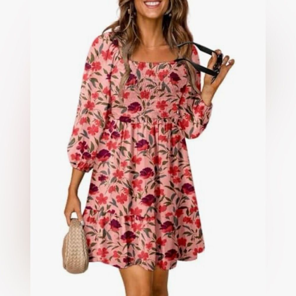 Floral Ruffle Tiered Smocked Milkmaid Babydoll Y2K Boho Hippie Mini Dress M